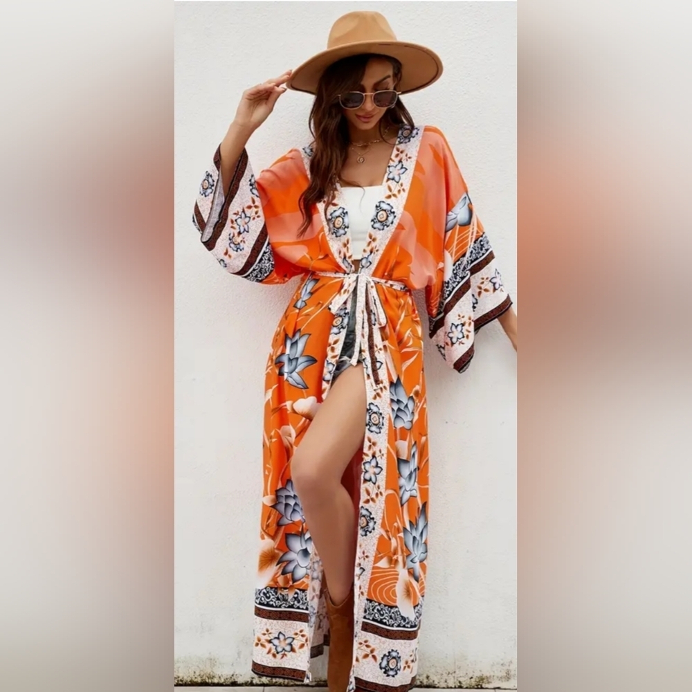 NEW  blue Preppy Dopamine Orange long Floral Kimono Similar To‎ Spell-(1,377)
